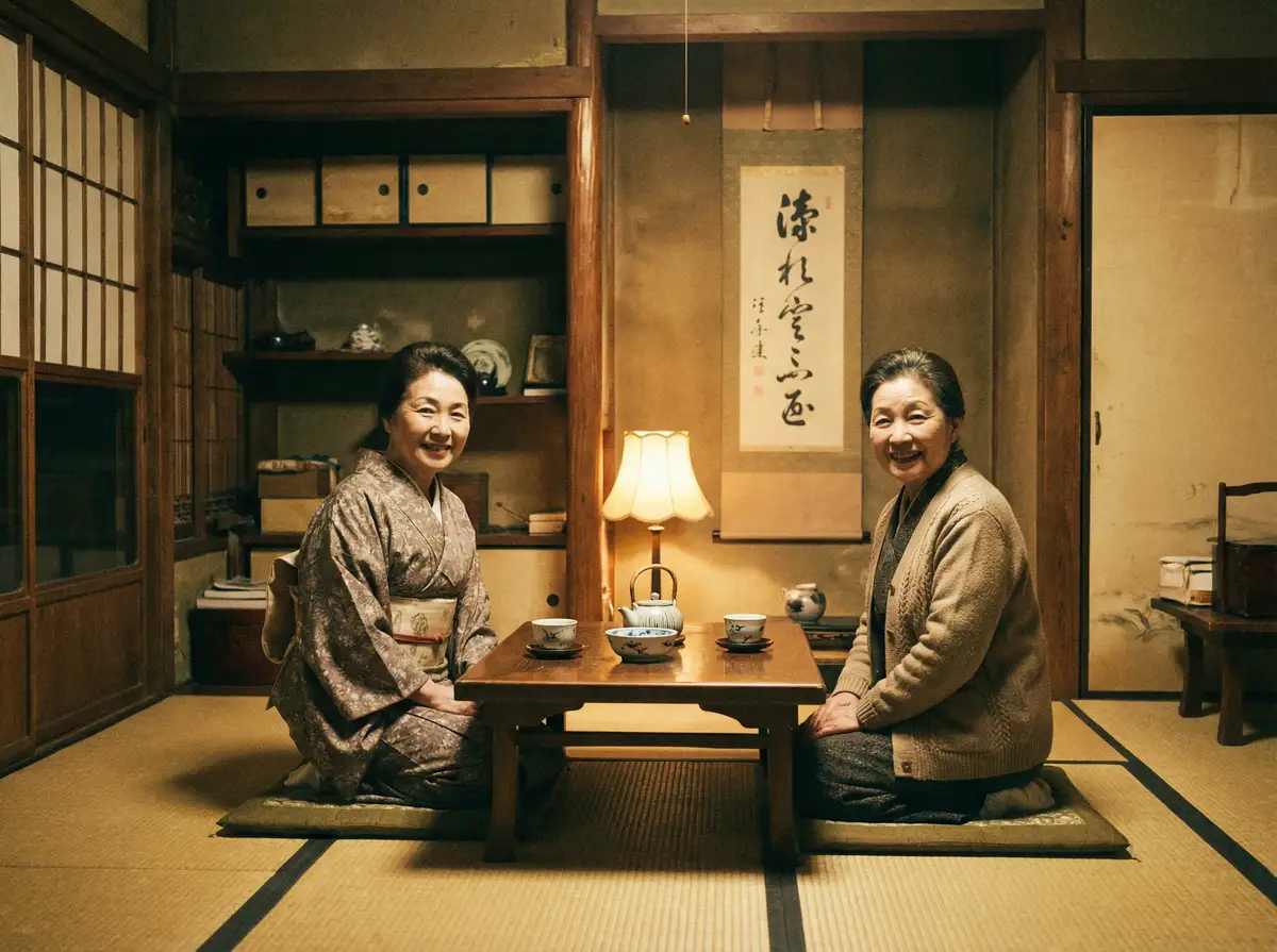 两位优雅的 车震-车震社区最新创作与精选视频 在日式茶室中品茶交谈
